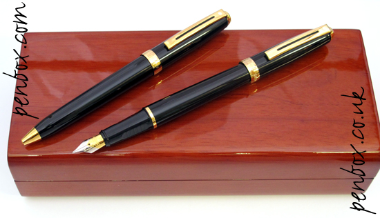 Sheaffer Prelude pen in black with gold trim. Prelude fountain and ballpoint pen set on promotion.