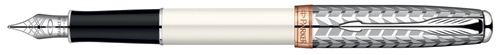 Metal and Pearl Parker Sonnet fountain pen with rose gold trim.